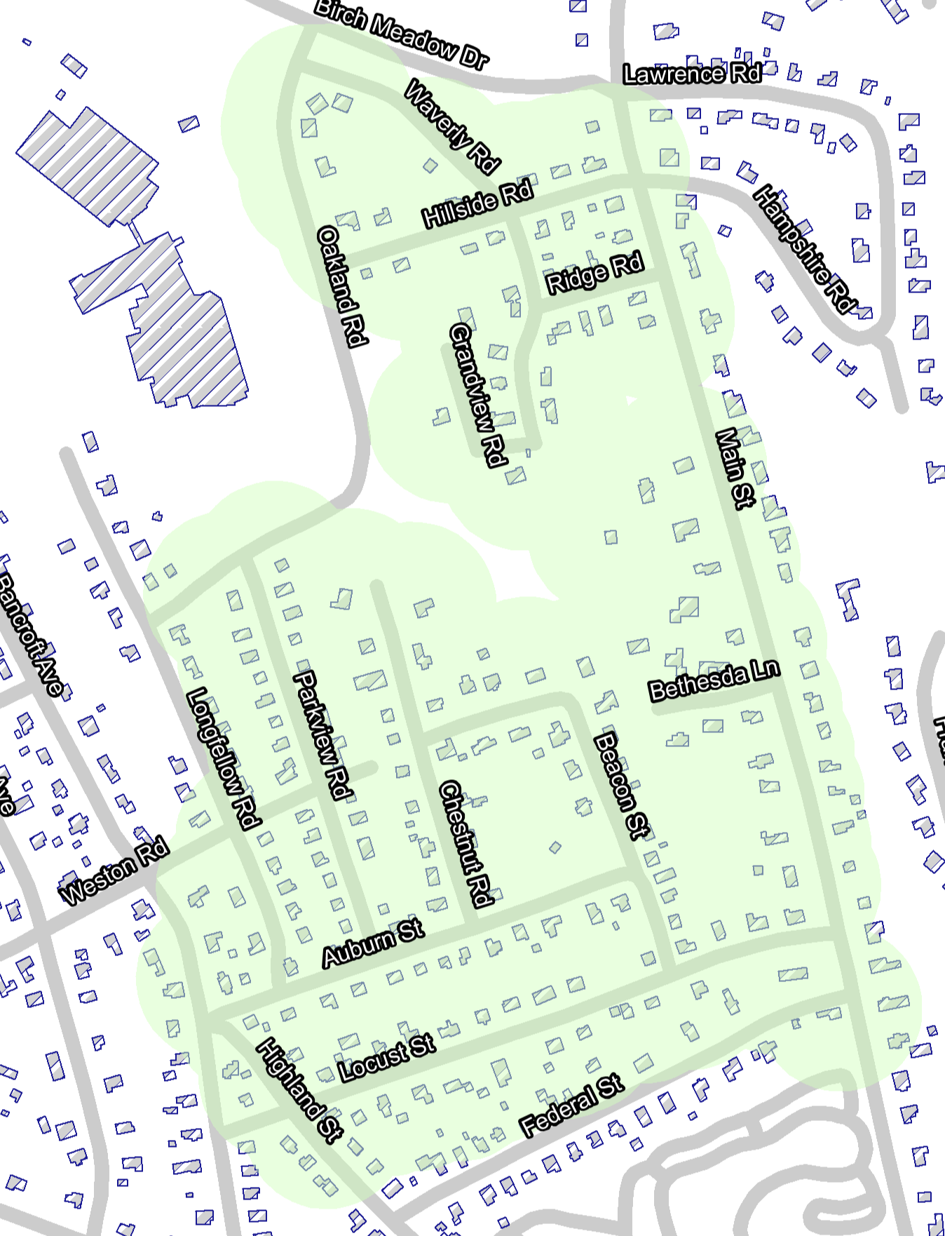 Map image of streets from Reading, Ma.
